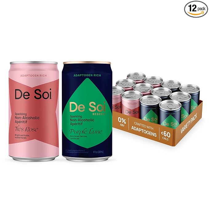 De Soi Wine Sampler (Tres Rose + Purple Lune) Mocktails NA Drinks 12-pack Adaptogen Drink Sparkling Drink with Calming Botanicals Mocktails Drinks Gluten Free No Artificial Flavors
