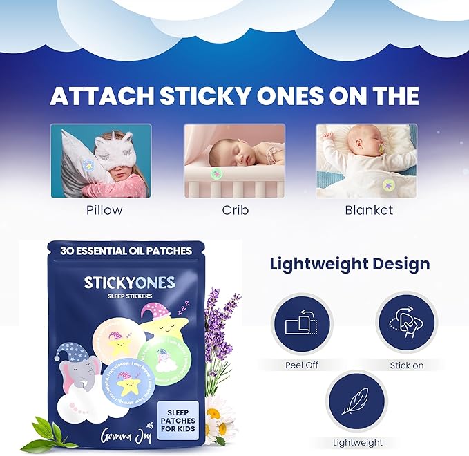 Gemma Joy Bedtime Baby Soothers &amp StickyOnes Sleep Patches - Cry Activated Heartbeat Elephant Plush Toy Stuffed Animal with Calming Light &amp All-Natural No Melatonin Bedtime Patches for Kids
