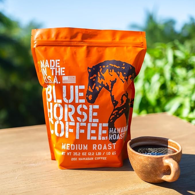 Blue Horse 'Gentle Giant' Hawaiian Roast Arabica Whole Beans Blend (20% Kona) Medium Roast 2.2 Lbs (35 oz)