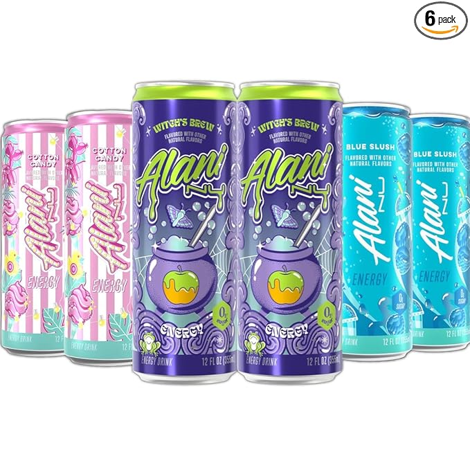 New Alani Energy Drinks Witch's Brew Cotton Candy Blue Slush - Limited Edition Flavors - Variety Pack Sugar-Free Low-Calorie 200mg Caffeine Energy Boost Drink 12 fl oz (Pack of 6) (Packaging May