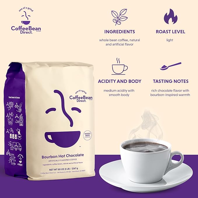 Coffee Bean Direct Bourbon Hot Chocolate Flavored Whole Bean Coffee 5 Pound Bag (Pack of 1)