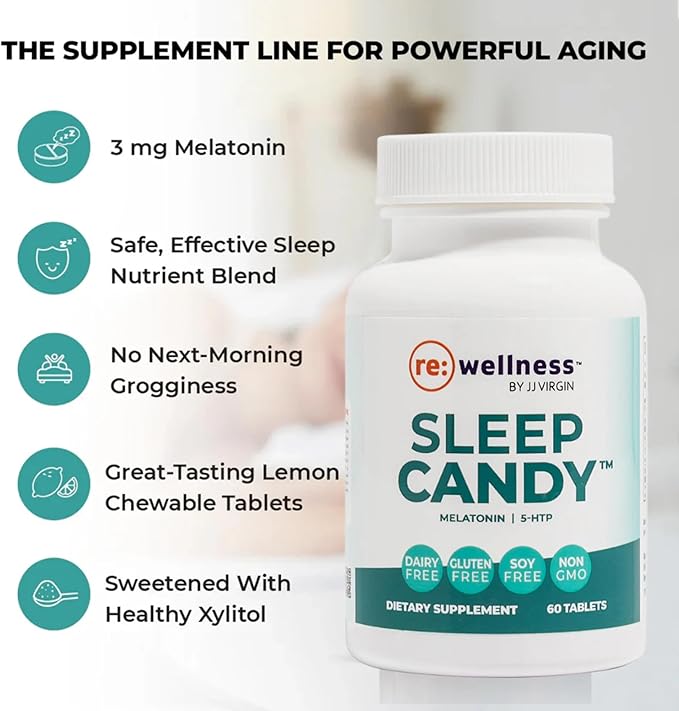 Reignite Wellness by JJ Virgin | Sleep Candy | Chewable 5-HTP Supplement with Inositol Vitamin B6 Melatonin &amp L-Theanine for Adults | Lemon Flavor | 60 Tablets