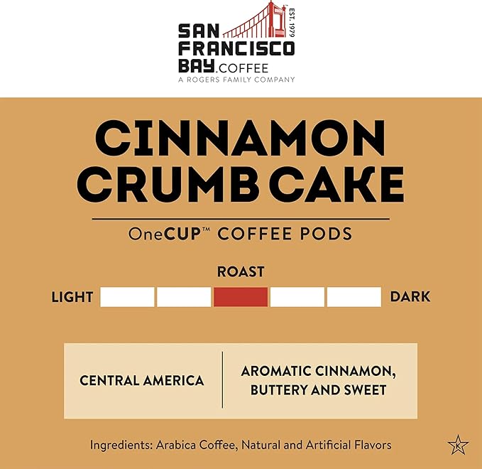 San Francisco Bay Coffee - Flavored Medium Roast - Cinnamon Crumb Cake (80 Ct) - Single Serve Coffee Pods Commercially Compostable K Cup Compatible