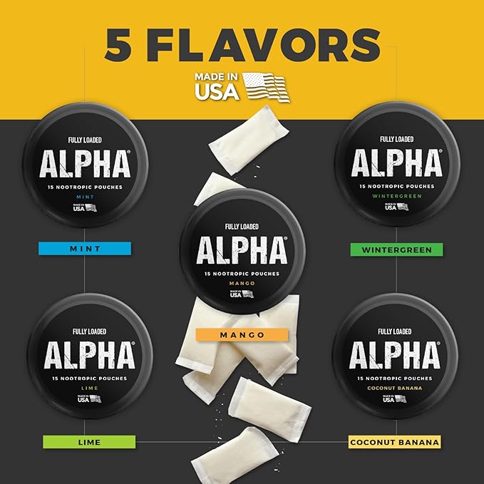Fully Loaded Alpha Nootropic Pouches (Coconut Banana) - 5 Cans - 15 Pouches per can - Effective Nootropic Delivery Nic Pouch Replacement - Faster Absorption Alpha GPC L-Tyrosine GABA
