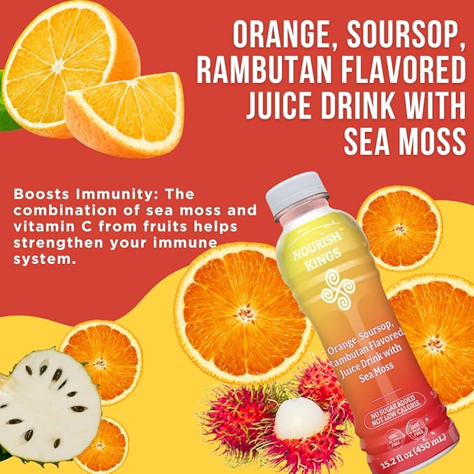 Nourish Kings- Sea Moss drink with Rambutan Soursop &amp Orange juice No Added Sugars or Preservatives 12 pack of 15.2 Fl oz Bottles