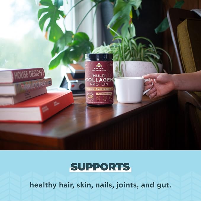 Ancient Nutrition Collagen Powder Protein Multi Collagen Protein Beauty + Sleep with Vitamin C Vanilla Chai Hydrolyzed Collagen Peptides Supports Skin and Nails Sleep 16.1oz
