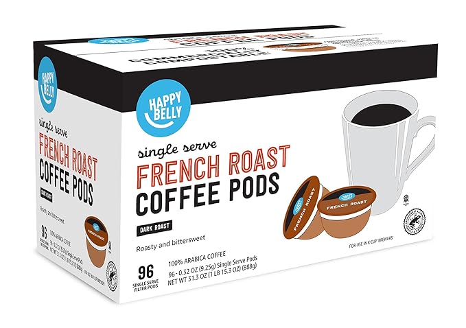 Amazon Brand - Happy Belly French Roast Compostable Coffee Pods (Dark Roast) Compatible with K-Cup Brewer 96 Count