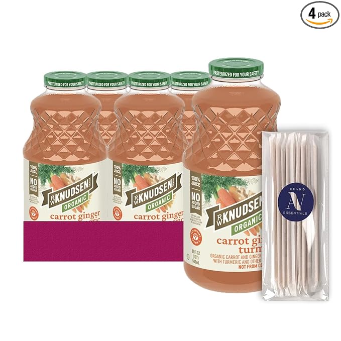 R.W. Knudsen Organic 4-Pack Organic Carrot Ginger Tumeric Fruit Juice 100% USDA Organic 32 fl oz Glass Bottle + 1 Utility Freebie by Lavinia