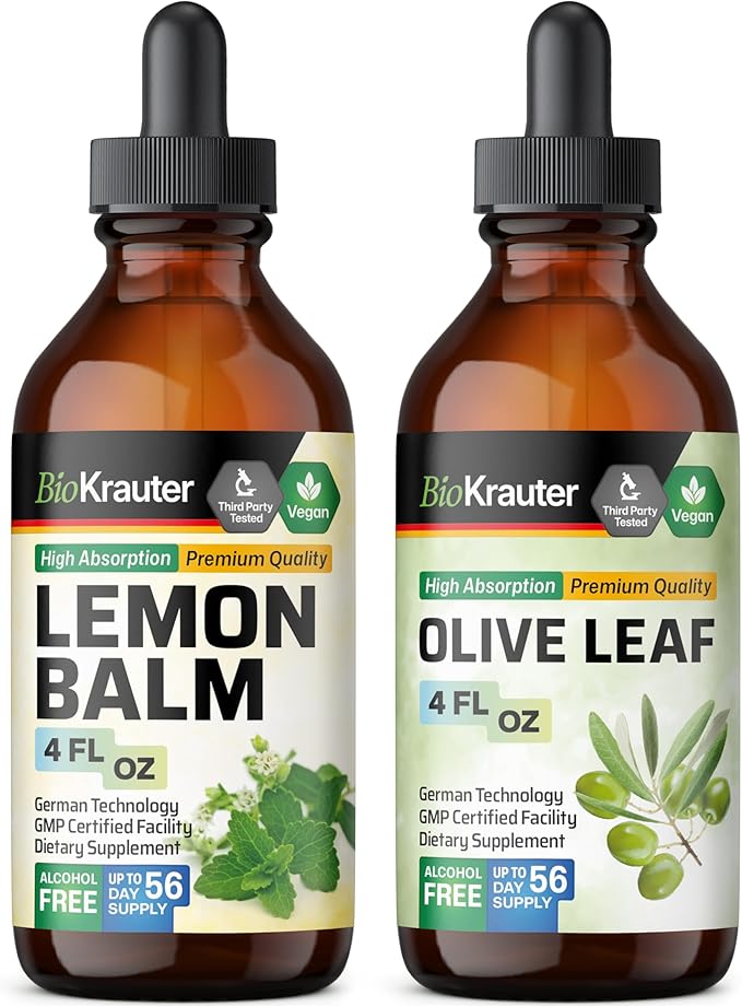 BIO KRAUTER Lemon Balm Tincture 4 Fl. Oz. &amp Olive Leaf Tincture 4 Fl. Oz.
