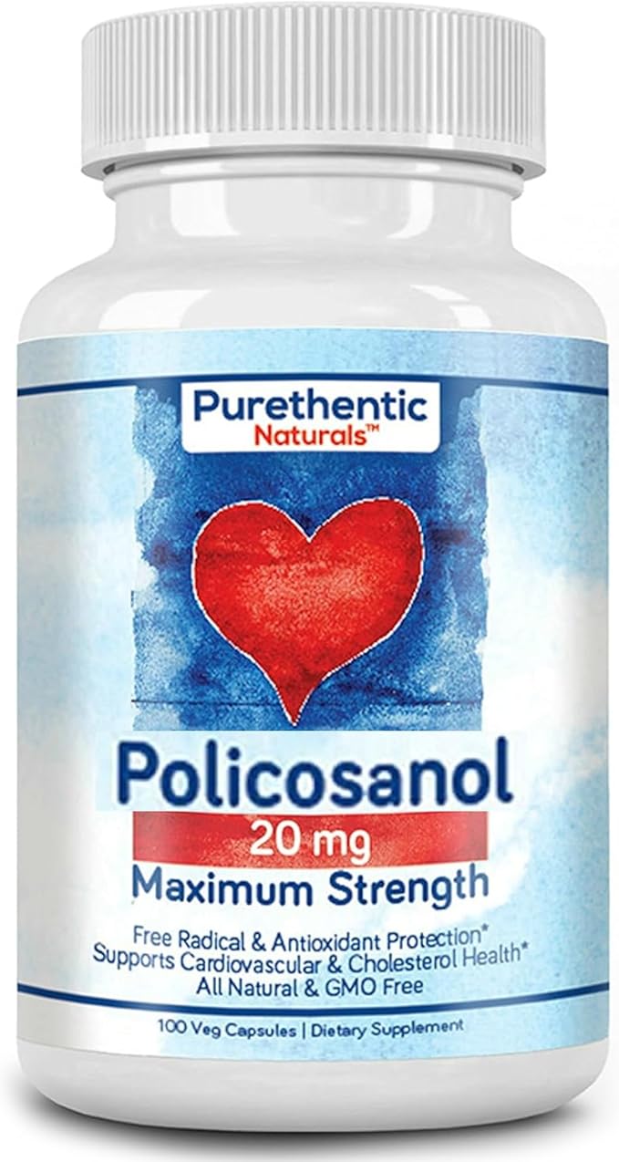 Purethentic Naturals Policosanol 20mg | Supports Cardiovascular &amp Cholesterol Health* | Free Radical &amp Antioxidant Protection* | from Pure Sugar Cane with No Unnecessary Fillers | 100 Veg Caps