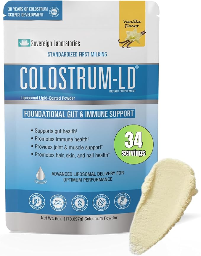 Colostrum-LD Liposomal Delivery - Colostrum Powder - Gluten-Free Lactose-Reduced - 34 Servings - Sovereign Laboratories - 6 oz Vanilla