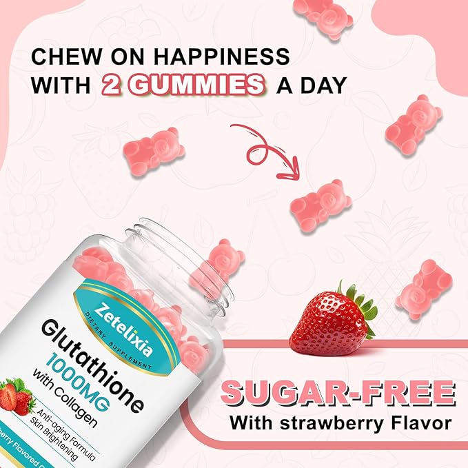 2 Pack Glutathione Collagen Gummies Collagen Gummies with Vitamin C Glutathione Supplement for Women Hair Skin Nails Muscle &amp Joint Anti-Aging Vegan Sugar Free Strawberry Flavor 120 Count