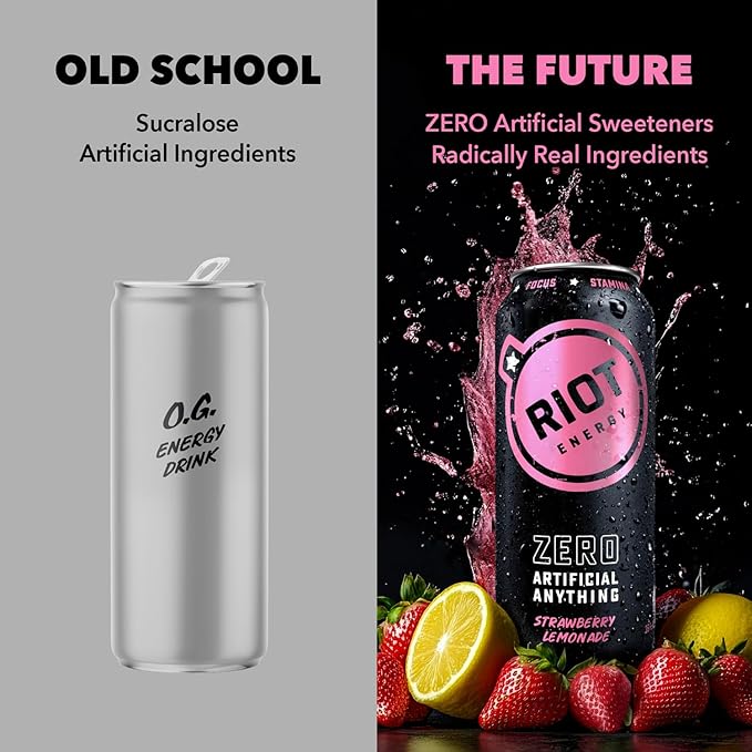 RIOT Clean Energy Drink – Strawberry Lemonade | No Sucralose No Sugar Added No Artificial Flavors | 160mg Natural Caffeine + 100mg L-Theanine | Clean Focus Stamina &amp Energy | 16 Fl Oz (Pack of