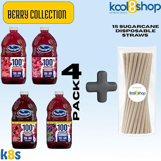 Ocean Spray 100% Berry Collection Fruit Juice No Added Sugar 64 fl oz 4 Pack + 15 Sugarcane Disposable Straws by KOOL8SHOP Infinite Deals