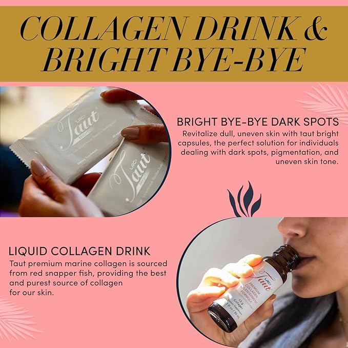 TAUT Marine Collagen Drink 13000mg with Hyaluronic Acid Liquid Collagen Supplement 16 Glass Bottles (1.7oz Each) Bright 60 Capsules for Women Vitamins &amp Antioxidants for Radiant Skin