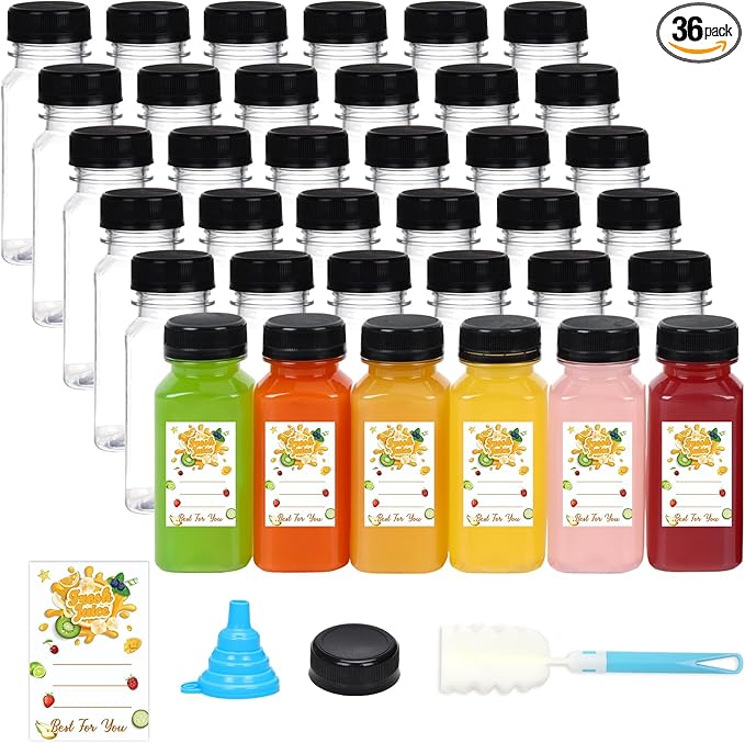 BAKHUK 36pcs 6oz Empty Plastic Juice Bottles with Caps Reusable Clear Bulk Beverage Containers for Juice Milk and Other Beverages