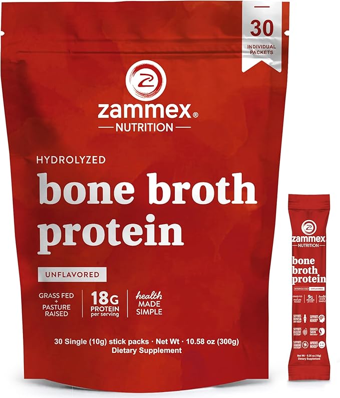 Zammex Bone Broth Collagen Packets-18g Collagen Protein-Bone Broth Powder to Go-30 Travel Packets-Supports Skin Nails Joints Gut Health | Gluten-Free |Keto &amp Paleo Friendly-Natural Flavor