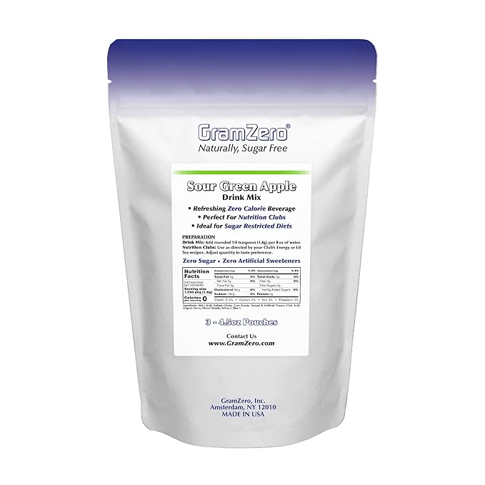 GramZero Sour Green Apple Zero Calorie Sugar Free Drink Mix Great For Nutrition Club Loaded Tea Stevia Sweetened