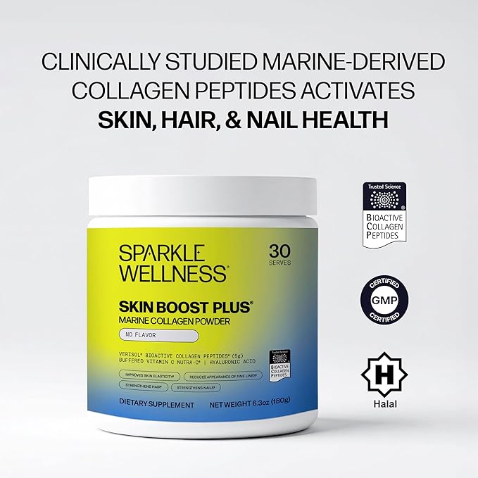 Sparkle Wellness Marine Skin Boost Plus (No Flavor) [30-Serves] | Collagen Powder Supplement with Marine-derived VERISOL Bioactive Hydrolyzed Collagen Peptides Vitamin C &amp Hyaluronic Acid