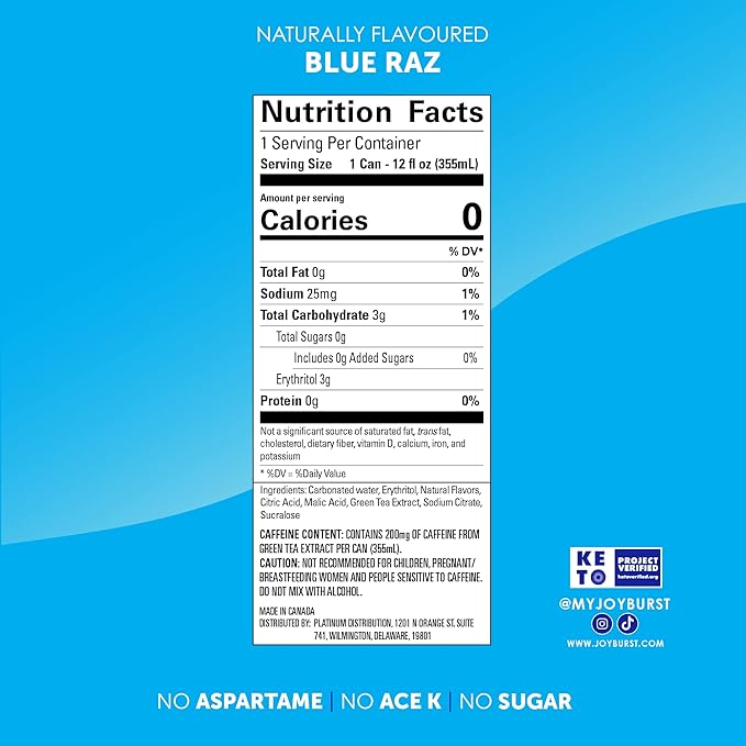 No Sugar Joyburst Energy Drink 0 Calorie 0 Sugar Sugar Free Energy Drink with Natural Caffeine Hint of Sweetness and Refreshing Sparkling Water - 12 Packs (Blue Raz)