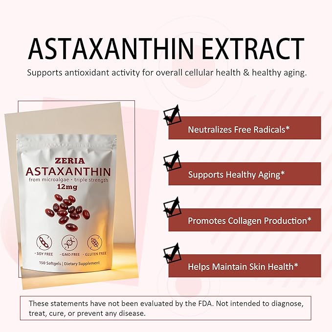 ZERIA Astaxanthin 12mg 150 Softgels - Natural Microalgae Antioxidant for Eye Skin &amp Immune Support 4-Month Supply