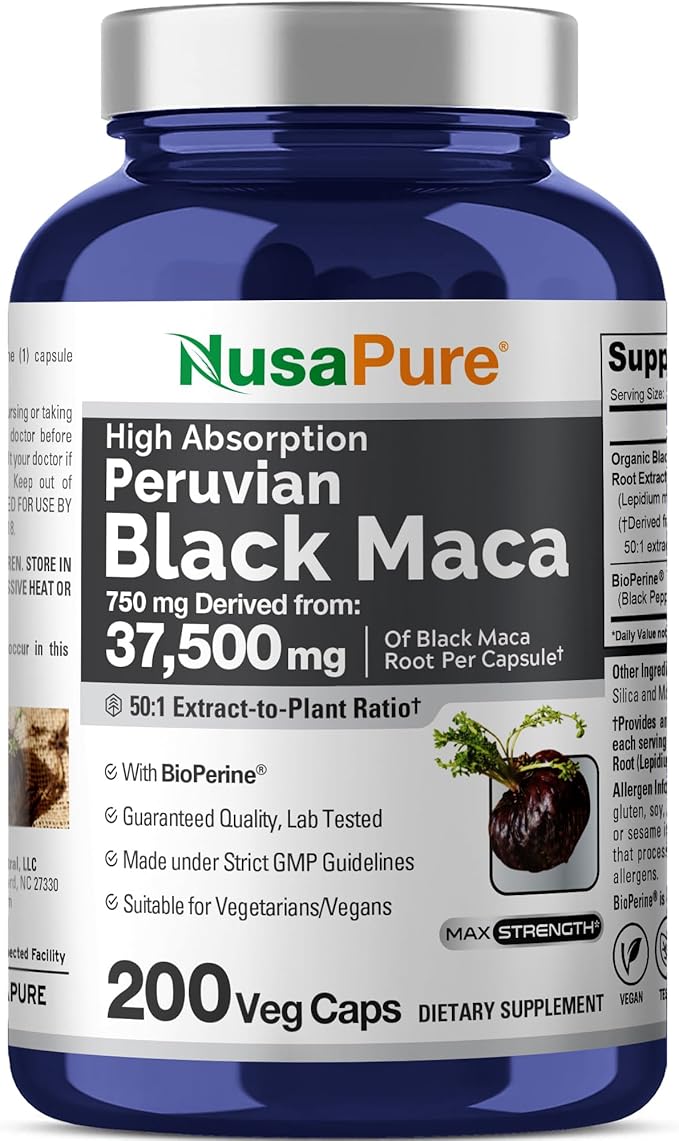 NusaPure Peruvian Black Maca Root Extract 50:1 - Suitable for Vegetarian/Vegan Non - GMO - 37500 mg - 200 Capsules