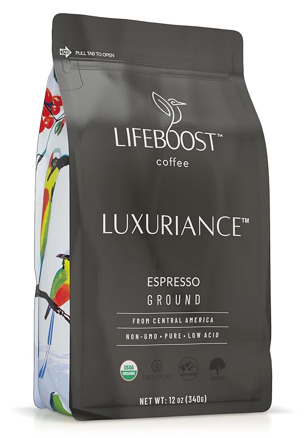 Lifeboost Organic Espresso Ground Coffee - Non-GMO Low Acid Single Origin USDA Shade Grown Organic Espresso Coffee - Third Party Tested For Mycotoxins &amp Pesticides 12oz Bag
