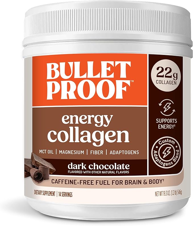 Bulletproof Dark Chocolate Energy Collagen Protein 19.3 Ounces Caffeine-Free Fuel with Vitamins and Antioxidants Blend with Ginseng Magnesium Cordyceps Mushroom