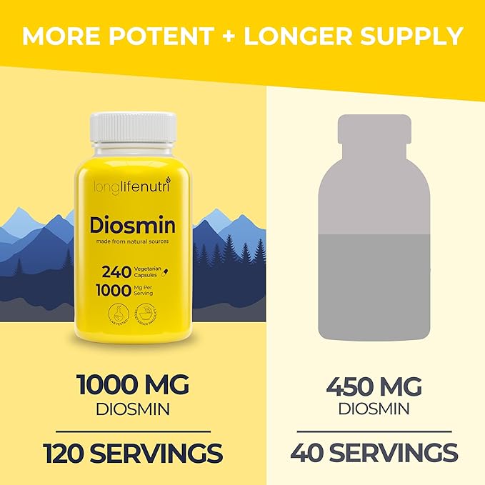 Diosmin 1000mg Advanced Formula - 240 Capsules for Circulatory Health Support 4-Month Supply Non-GMO Made in USA - Daily Wellness Supplement