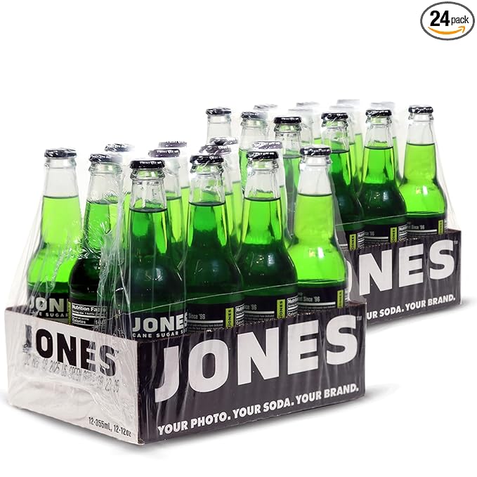 Jones Soda Co. Green Apple Soda Flavor | 100% Cane Sugar Soda | Craft Soda Pop | Soda Soft Drinks | 12 Oz Glass Bottle Soda | 24 Pack Soda