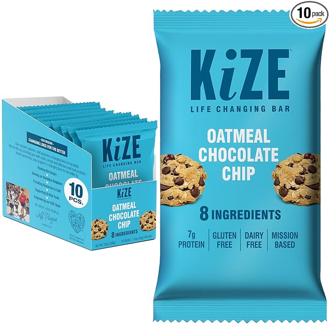 KiZE Energy Bars - Oatmeal Chocolate Chip - Gluten Free Dairy Free Non-GMO and High Protein Meal Replacement Energy Bars Clean and Simple Food Ingredients - 7g High Protein Snacks (10 Count)