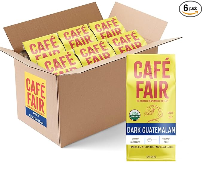 Café Fair Dark Guatemalan | Organic Fair Trade Certified Coffee | Ground | Dark Roast | 10 oz | PACK OF 6