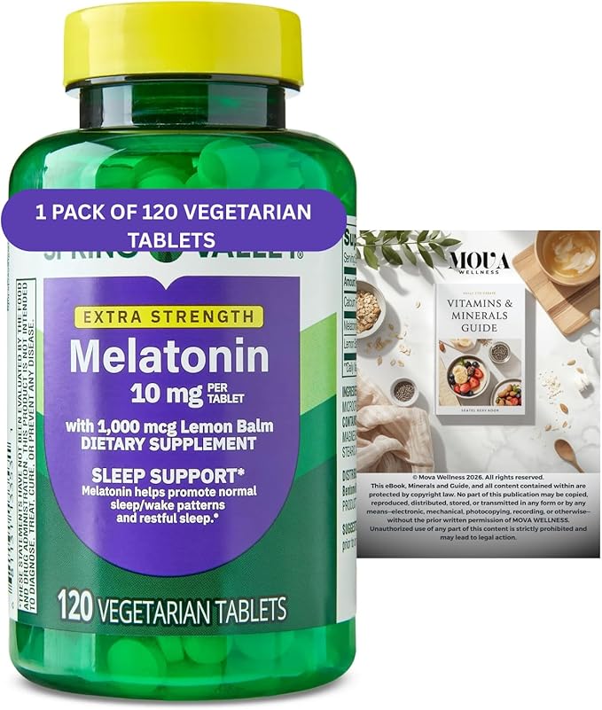 Melatonin 10 mg Extra Strength with Lemon Balm Sleep Support 120 Vegetarian Tablets (Pack of 1).