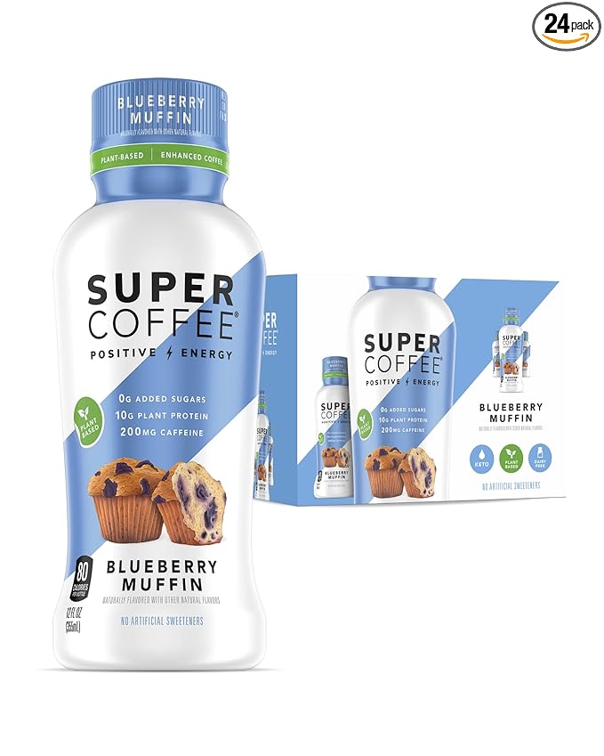 Super Coffee Plant Based Keto Protein Coffee (0g Added Sugar 10g Pea Protein 80 Calories) [Blueberry Muffin] 24 Fl Oz 24 Pack | Iced Smart Coffee Drinks
