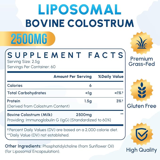 Liposomal Bovine Colostrum Powder Supplement 2500 mg Higher Absorption Than Regular Bovine Colostrum (60 Servings)