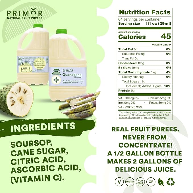 Primor Fruit Purees | Made with Real Fruit | Countless Applications: Juices Smoothies Cocktails Desserts and More - Guanabana