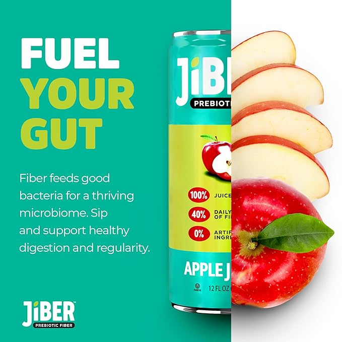 JIBER High Fiber Apple Juice Drink - No Sugar Added - 12 fl oz Apple Juice Cans with 40% Daily Fiber - Prebiotic Drink- Healthy Drinks for Kids - Juice for Teens Adults &amp Seniors (12 Pack)