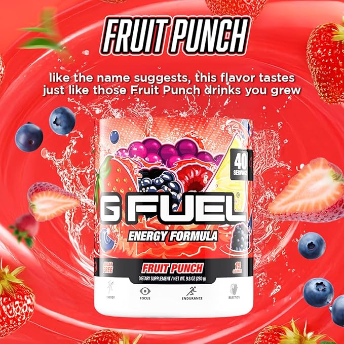 G Fuel Fruit Punch Energy Drink Powder Pre Workout Caffeine Mix for Gaming Sugar Free Focus Amino Vitamin + Antioxidants 9.9oz (Fruit Punch 40 Servings)