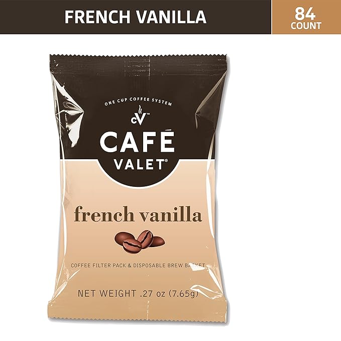 Cafe Valet Single Serve Individually Wrapped Coffee Packs Regular Dark Roast and French Vanilla 100% Arabica Coffee 168 Count