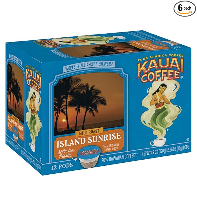 Kauai Coffee Single-Serve Pods Island Sunrise Mild Roast - Arabica Coffee from Hawaii’s Largest Coffee Grower Compatible with Keurig K-Cup Brewers - 12 Count (Pack of 6)