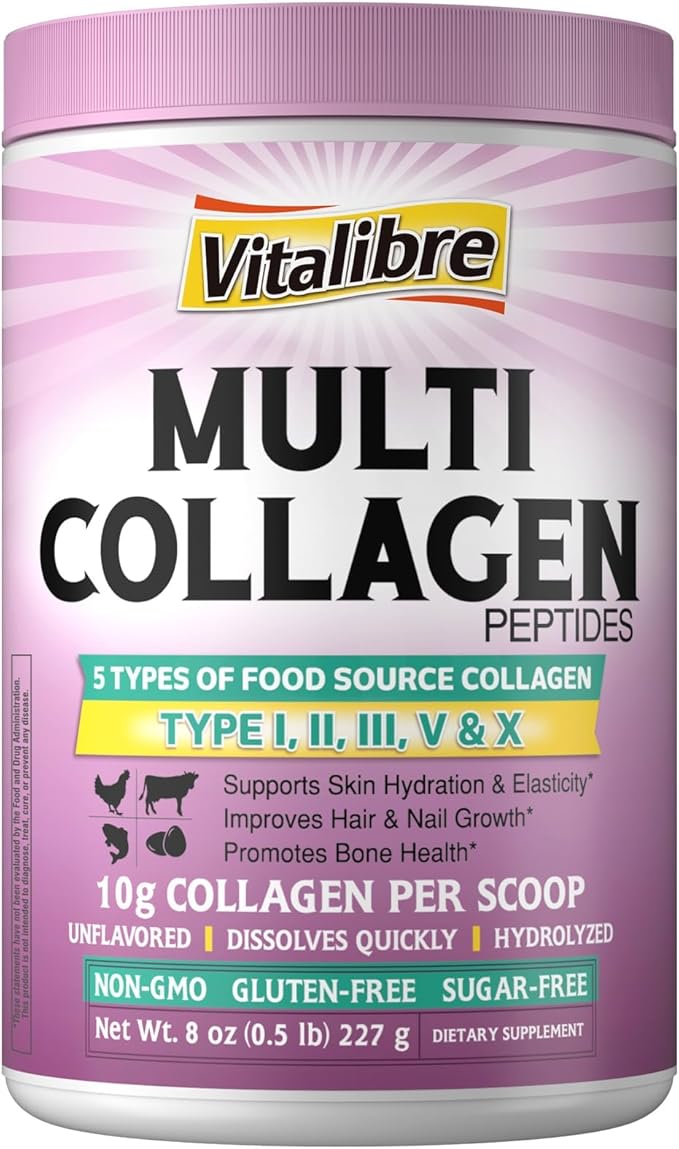 Multi Collagen Peptides Powder Type I II III V X + L-Lysine 1000 mg Tablets Bundle Hydrolyzed Collagen Protein &amp Essential Amino Acid Skin &amp Immune Support 8oz Powder + 120 Tablets