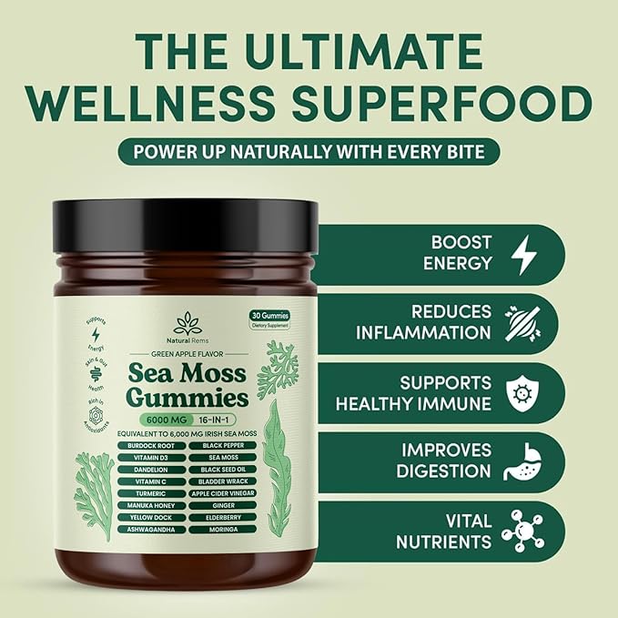 Natural Rems Sea Moss Gummies 16-in-1 - Ashwagandha Black Seed Oil Bladder Wrack Turmeric Vitamin C &amp D3 with Manuka Burdock Root Dandelion Yellow Dock Elderberry Apple Cider Vinegar (Green Apple)