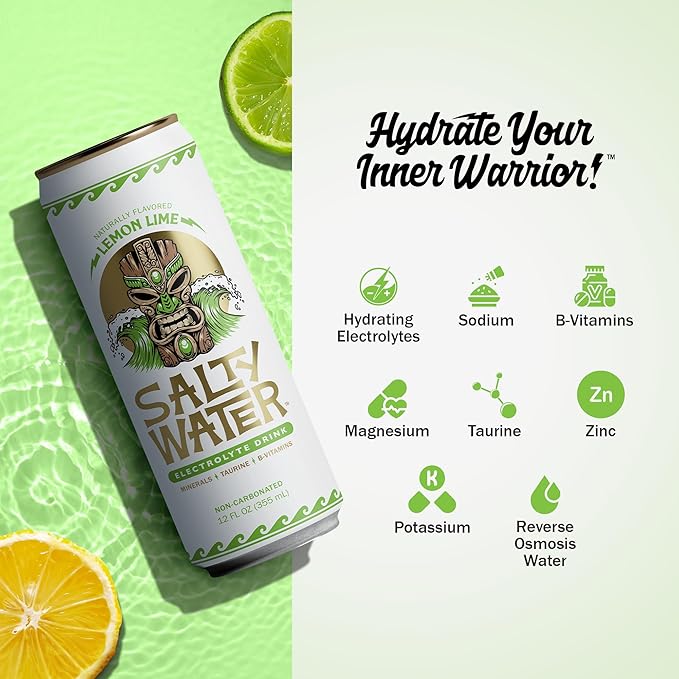 SaltyWater Electrolyte Drink Lemon Lime – Zero Sugar Premium Hydration Drink 10 Calories Minerals Taurine B-Vitamins Non-Carbonated - Zero Caffeine Electrolyte Sports Drink - Gluten Free - 12 Pa