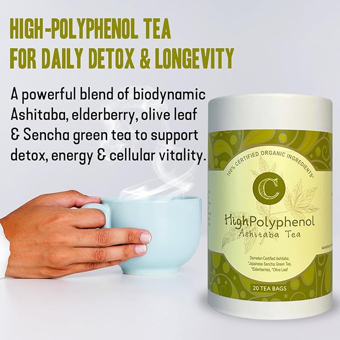 High‑Polyphenol Ashitaba Tea Blend – Demeter Certified Biodynamic U.S. Organic AshitabaSencha Green Tea with Elderberry &amp Olive Leaf – 20 Compostable Bags – Perfect for Detox Metabolic Support