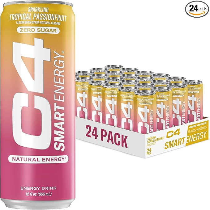 C4 Smart Energy Drink - Sugar Free Performance Fuel &amp Nootropic Brain Booster Coffee Substitute or Alternative | Tropical Passionfruit 12 Oz - 24 Pack