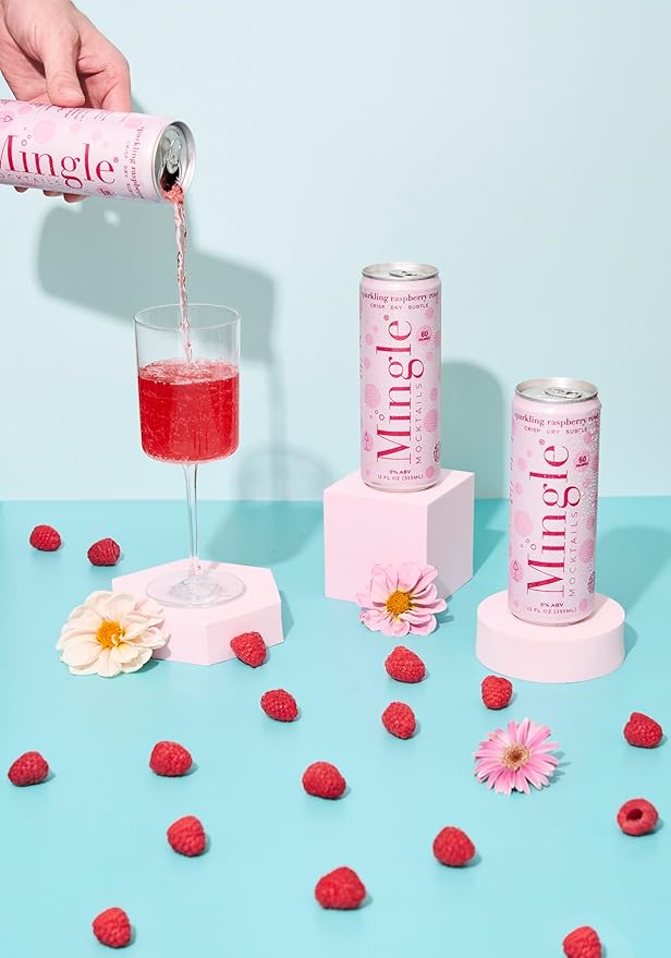 Mingle Mocktails Sparkling Raspberry Rose Non Alcoholic Drinks Alcohol Alternative Pre-Mixed Drinks Made with Real Juice Canned Mocktails or Cocktail Drink Mixer Gluten Free Vegan 12 Pack 12 Cans