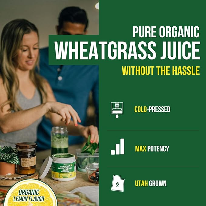 Organic Wheatgrass Juice Powder - Organically Grown in Volcanic Soil of Utah - Raw &amp BioActive Form Cold-Pressed Then CO2 Dried 20:1 Super Concentrate - Lemon (6.2 oz - 60 Servings)