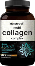 NatureBell Multi Collagen Complex - 300 Capsules - 5 Collagen Peptides (Type I II III V X) Hyaluronic Acid Biotin &amp Probiotics - Hair Skin Nail Joint &amp Gut Health Support*