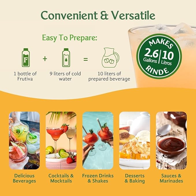Frutiva Authentic Peach Drink Mix | Made in Mexico with Cane Sugar | Aguas Frescas Concentrate Makes 2.6 Gallons Per Bottle | No High Fructose Corn Syrup | Perfect for Drinks Desserts &amp More | 12