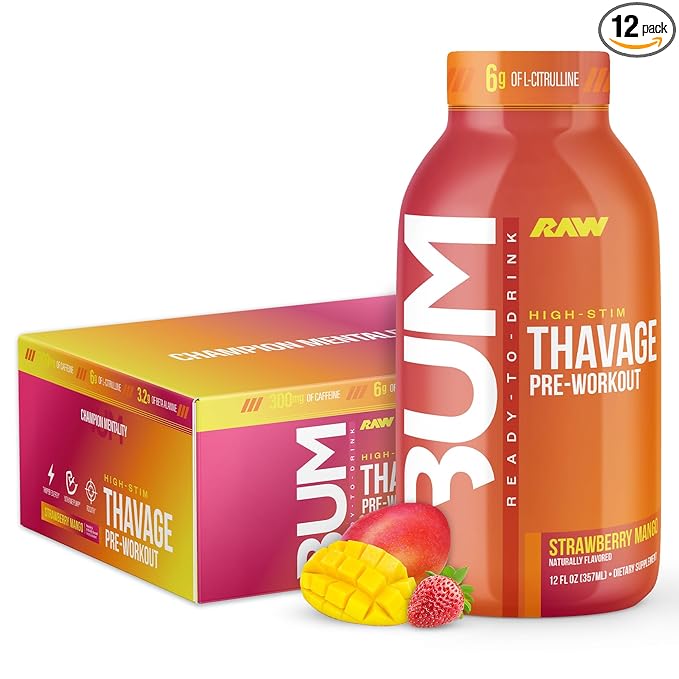 RAW Ready to Drink Pre-Workout Drink - BUM Thavage RTD Preworkout Shakes - Energy Supplement Drinks with Beta Alanine L-Citrulline &amp Caffeine - Zero Sugar (12 Pack Strawberry Mango)